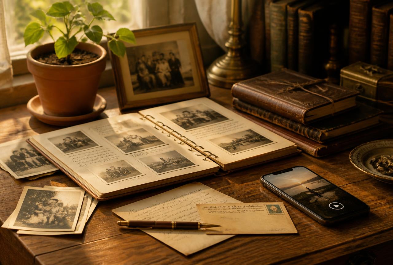 A warm desk scene with a growing plant, family photographs, handwritten letters, and a phone showing a video story, symbolizing a living family archive