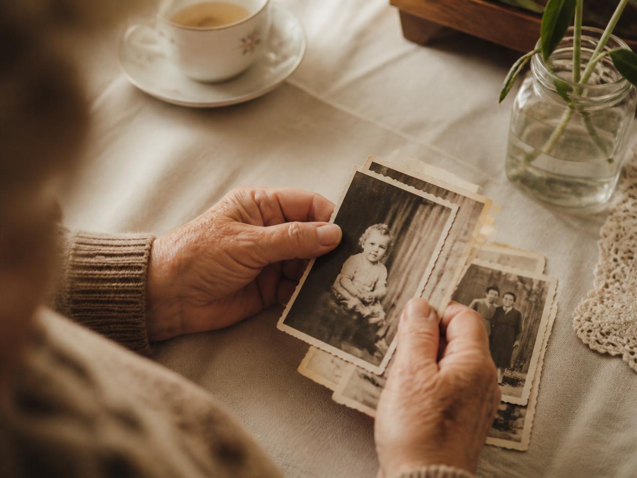 A Pearl story from a grandmother, open on a phone beside old family photographs